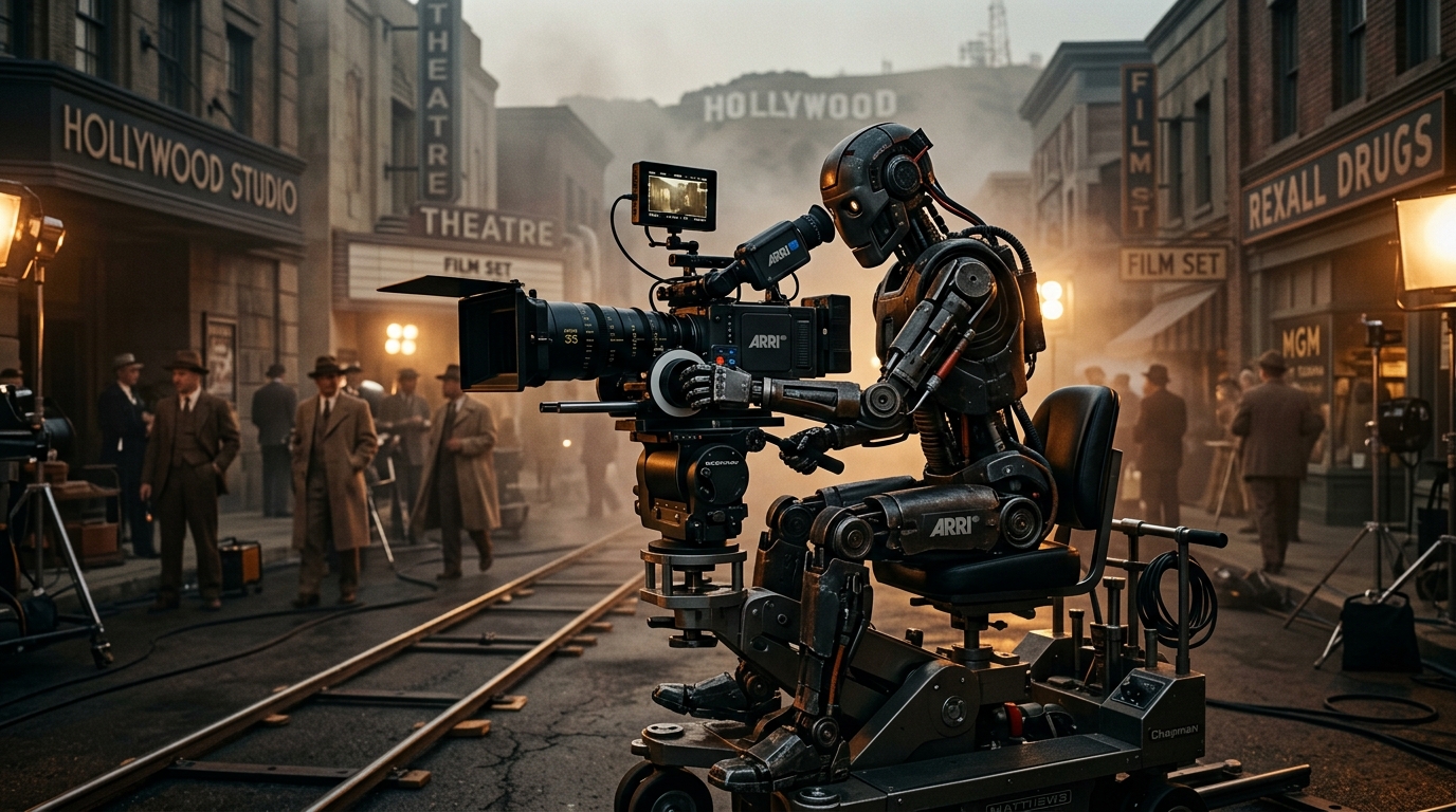 Yapay zekâ ile film üretimini temsil eden robot kameraman